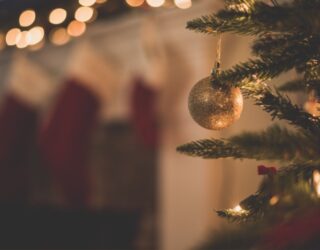 Christmas tree with cosy fire and stockings in the background